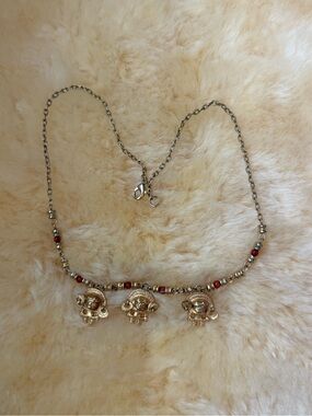COLOMBIAN Gold-Tone Beaded Goddess Charm Necklace - Red Accents